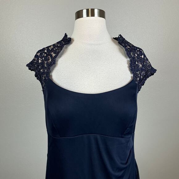 XSCAPE Chiffon Lace Trim Collar Short Sleeve Evening Gown Blue Size 14P Dress - Picture 7 of 12